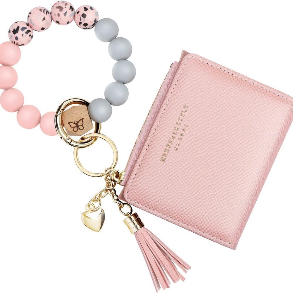 Keychain Bracelet Wristlet with Wallet Card Holder Pocket,Tassel Keychain Bangle